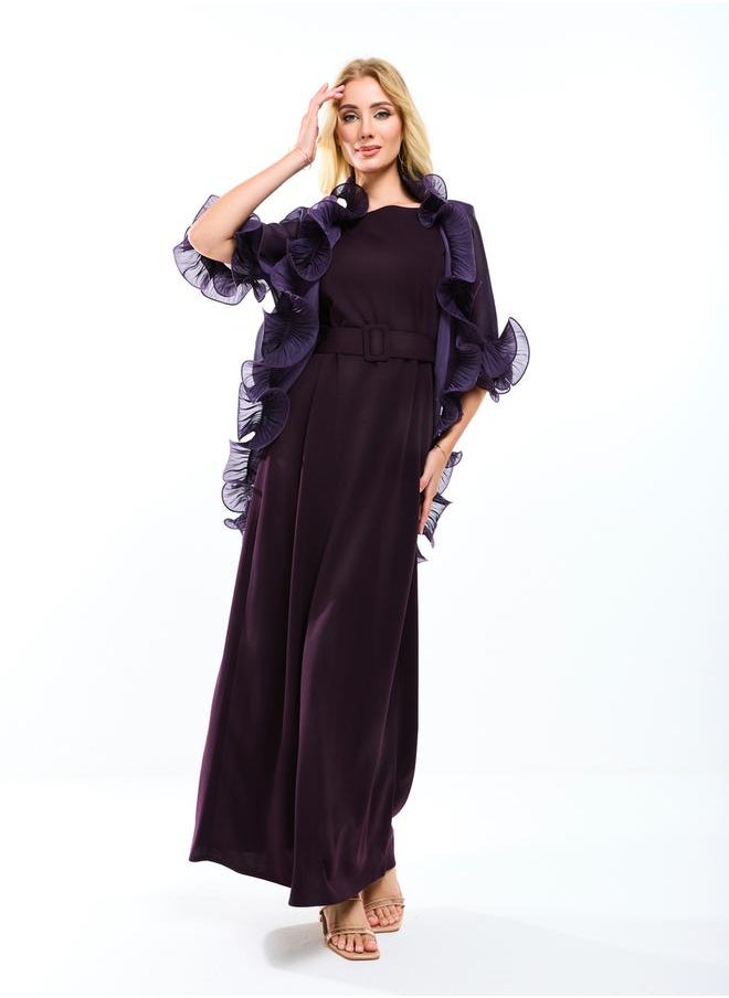 House of Moda - Plain Belted Maxi Dress with Detachable Ruffle Shrug by Styli - Image 1