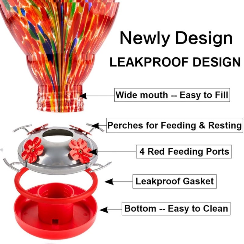 WOSIBO Hummingbird Feeder for Outdoors Patio Large 32 Ounces Colorful Hand Blown Glass Hummingbird Feeder with Ant Moat Hanging Hook, Rope, Brush and Service Card (RED-Firework) - Image 4