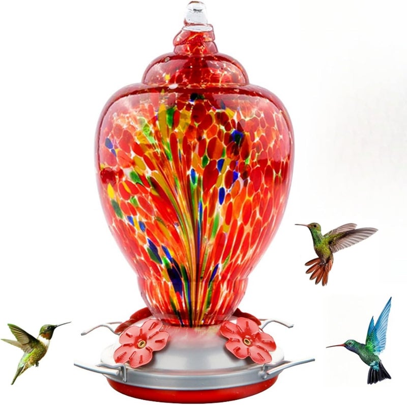 WOSIBO Hummingbird Feeder for Outdoors Patio Large 32 Ounces Colorful Hand Blown Glass Hummingbird Feeder with Ant Moat Hanging Hook, Rope, Brush and Service Card (RED-Firework) - Image 1