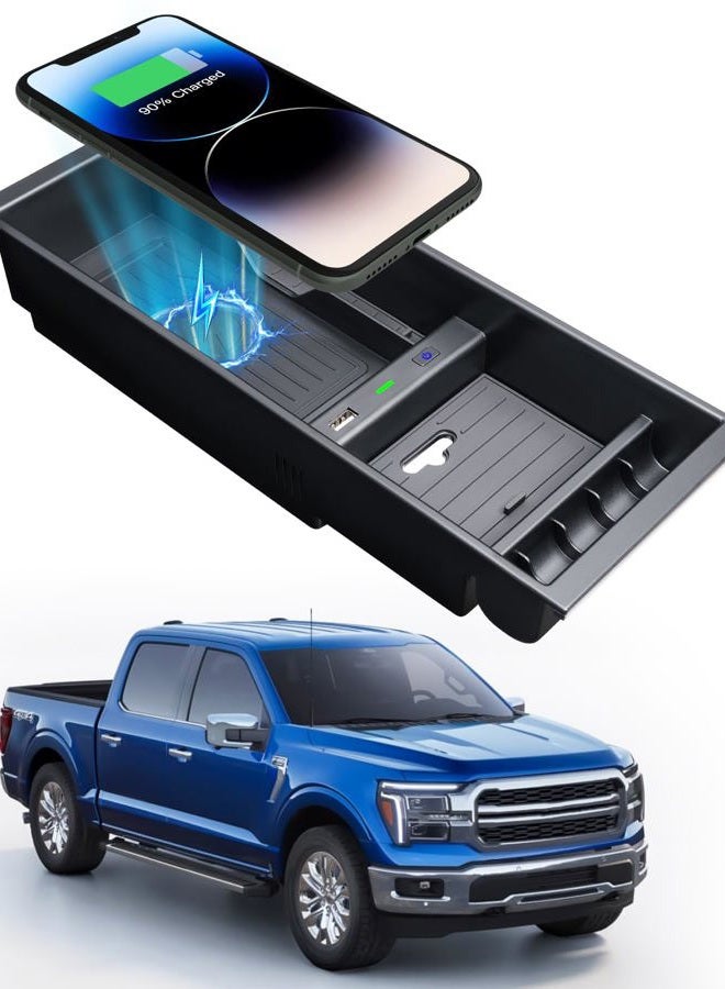 CarQiWireless Wireless Charger for F150 2009-2023, Center Console Organizer Box for Ford F150 Accessories F-150 2009 2010 2011 2012 2013 2014 2015 2016 2017 2018 2019 2020 2021 2022 2023 2015-2018 - Image 1