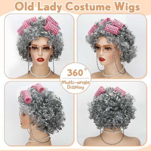 Huskein Old Lady Costume for Women, Old Lady Black White Curly Wig Glasses Wig Cap Necklace Bracelet Hair Rollers Kit for Kid - Image 3