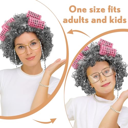 Huskein Old Lady Costume for Women, Old Lady Black White Curly Wig Glasses Wig Cap Necklace Bracelet Hair Rollers Kit for Kid - Image 4