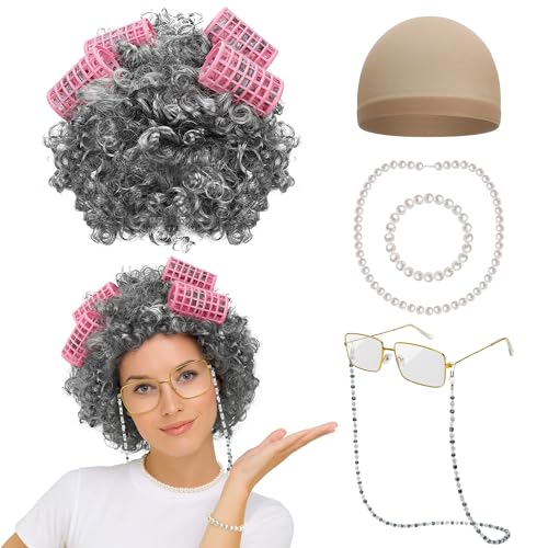 Huskein Old Lady Costume for Women, Old Lady Black White Curly Wig Glasses Wig Cap Necklace Bracelet Hair Rollers Kit for Kid - Image 1