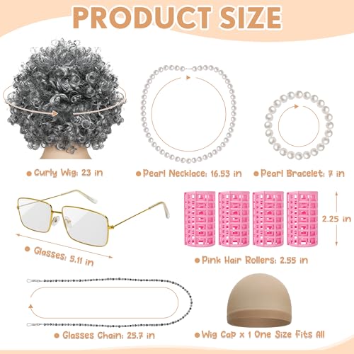 Huskein Old Lady Costume for Women, Old Lady Black White Curly Wig Glasses Wig Cap Necklace Bracelet Hair Rollers Kit for Kid - Image 2