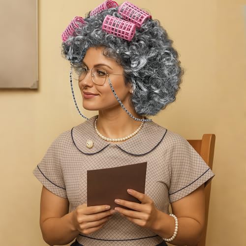 Huskein Old Lady Costume for Women, Old Lady Black White Curly Wig Glasses Wig Cap Necklace Bracelet Hair Rollers Kit for Kid - Image 5