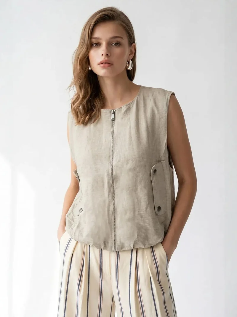 MIXRAY Women's Woven Poplin Waistcoat With Zip Front