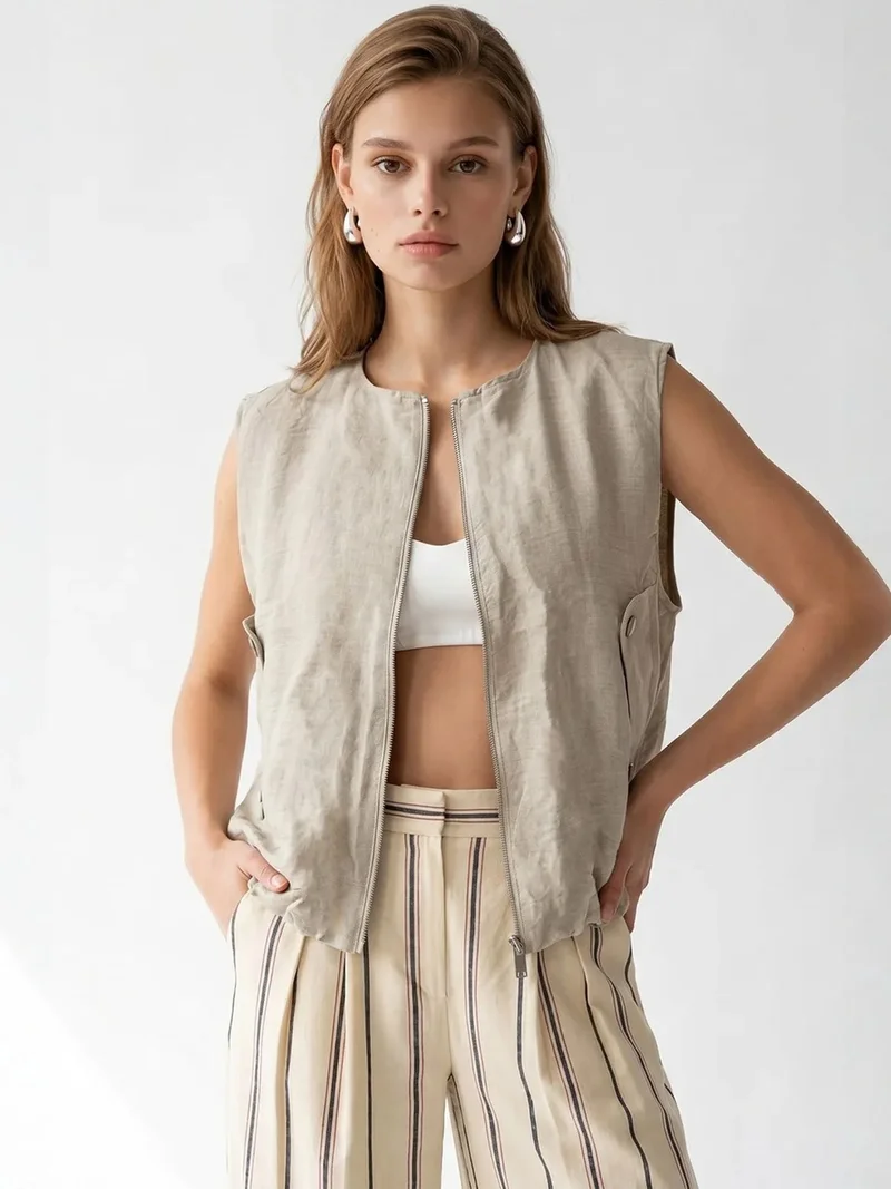 Mixray Oatmeal Natural MIXRAY Women's Woven Poplin Waistcoat With Zip Front for Women | Best Price UAE