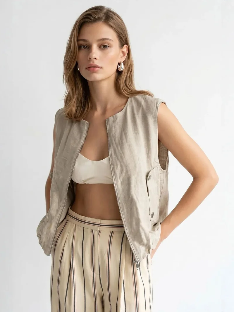 Mixray Oatmeal Natural MIXRAY Women's Woven Poplin Waistcoat With Zip Front for Women | Best Price UAE