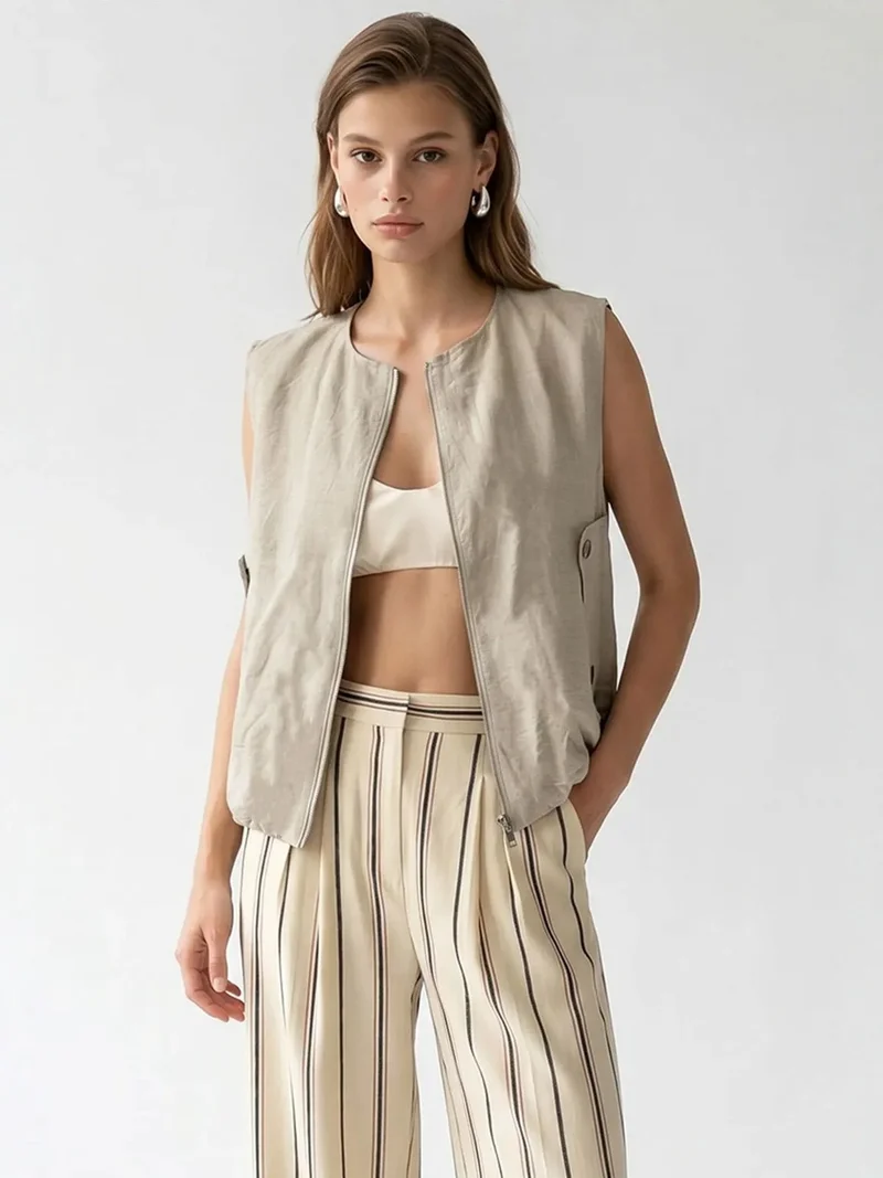 Mixray Oatmeal Natural MIXRAY Women's Woven Poplin Waistcoat With Zip Front for Women | Best Price UAE