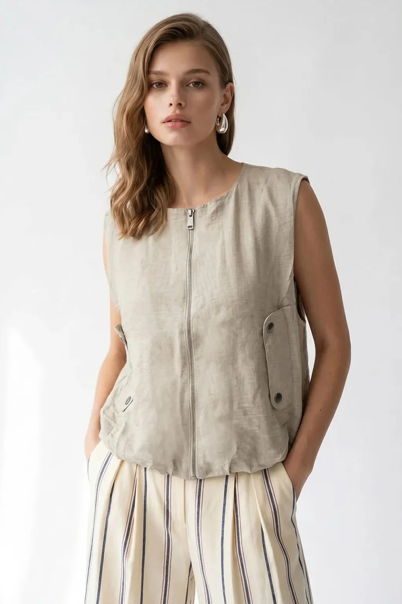Mixray MIXRAY Women's Woven Poplin Waistcoat With Zip Front