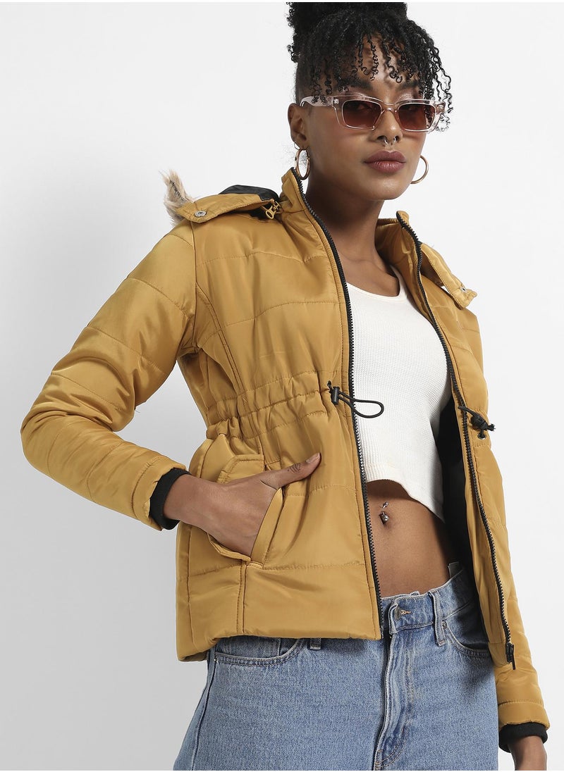 Campus Sutra Women's Yellow Quilted Puffer Jacket With Fur Details  - Image 1