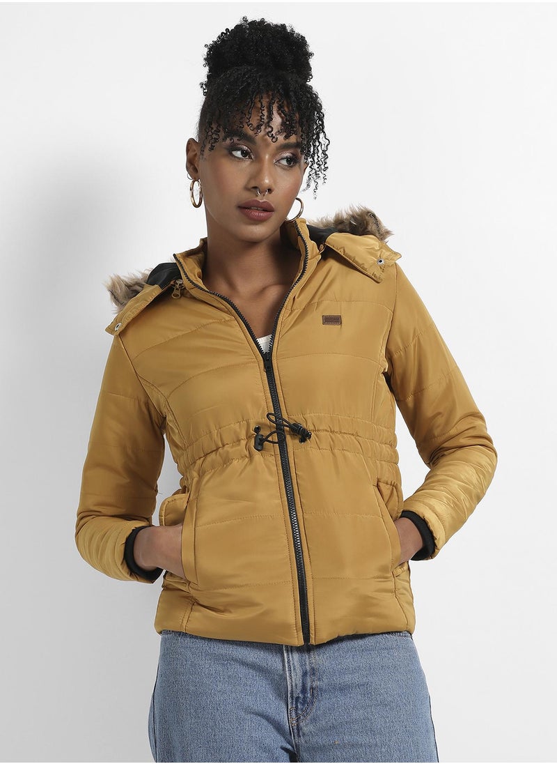 Campus Sutra Women's Yellow Quilted Puffer Jacket With Fur Details  - Image 2