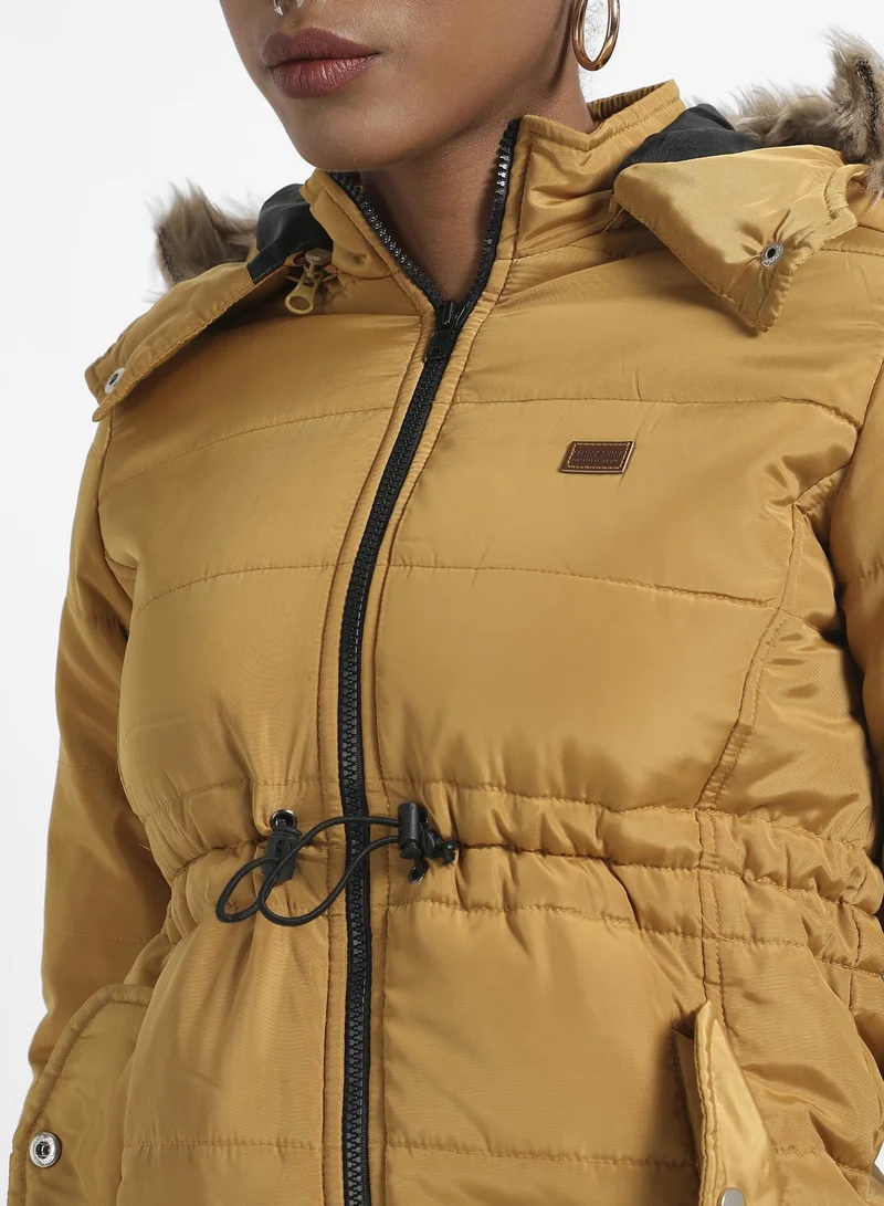 Campus Sutra Women's Yellow Quilted Puffer Jacket With Fur Details