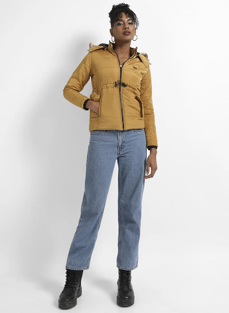 Campus Sutra Women's Yellow Quilted Puffer Jacket With Fur Details