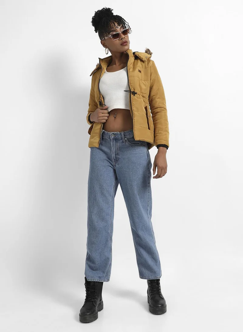 Campus Sutra Women's Yellow Quilted Puffer Jacket With Fur Details