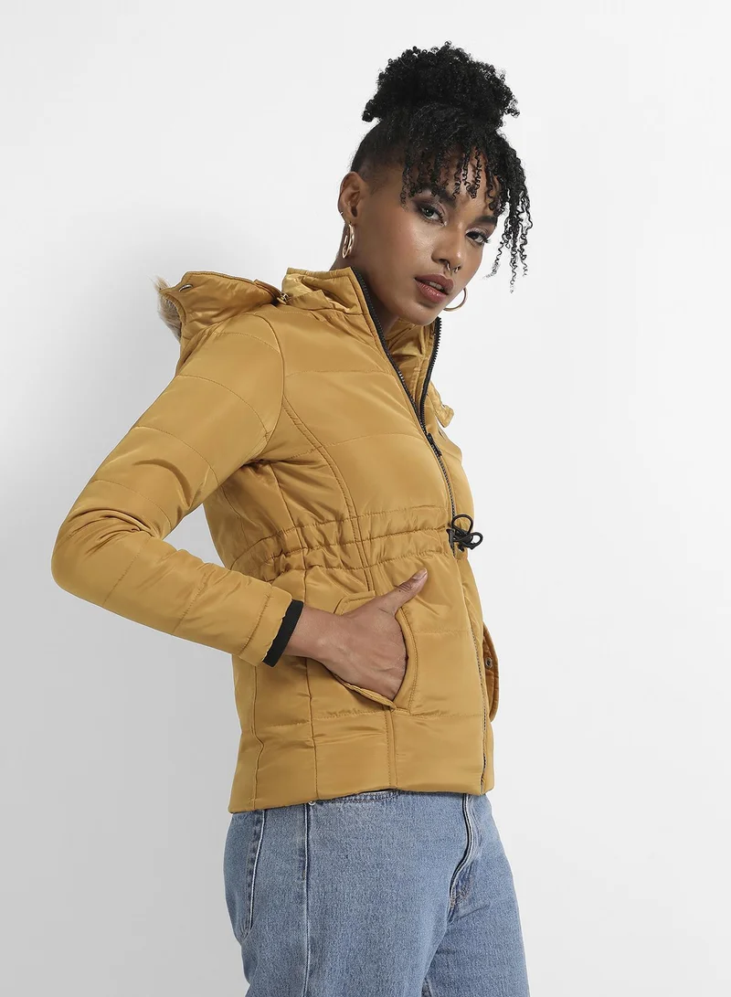 Campus Sutra Women's Yellow Quilted Puffer Jacket With Fur Details