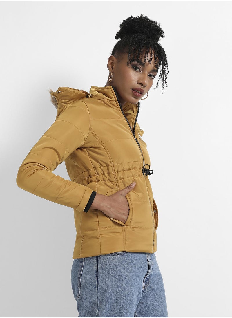 Campus Sutra Women's Yellow Quilted Puffer Jacket With Fur Details  - Image 3