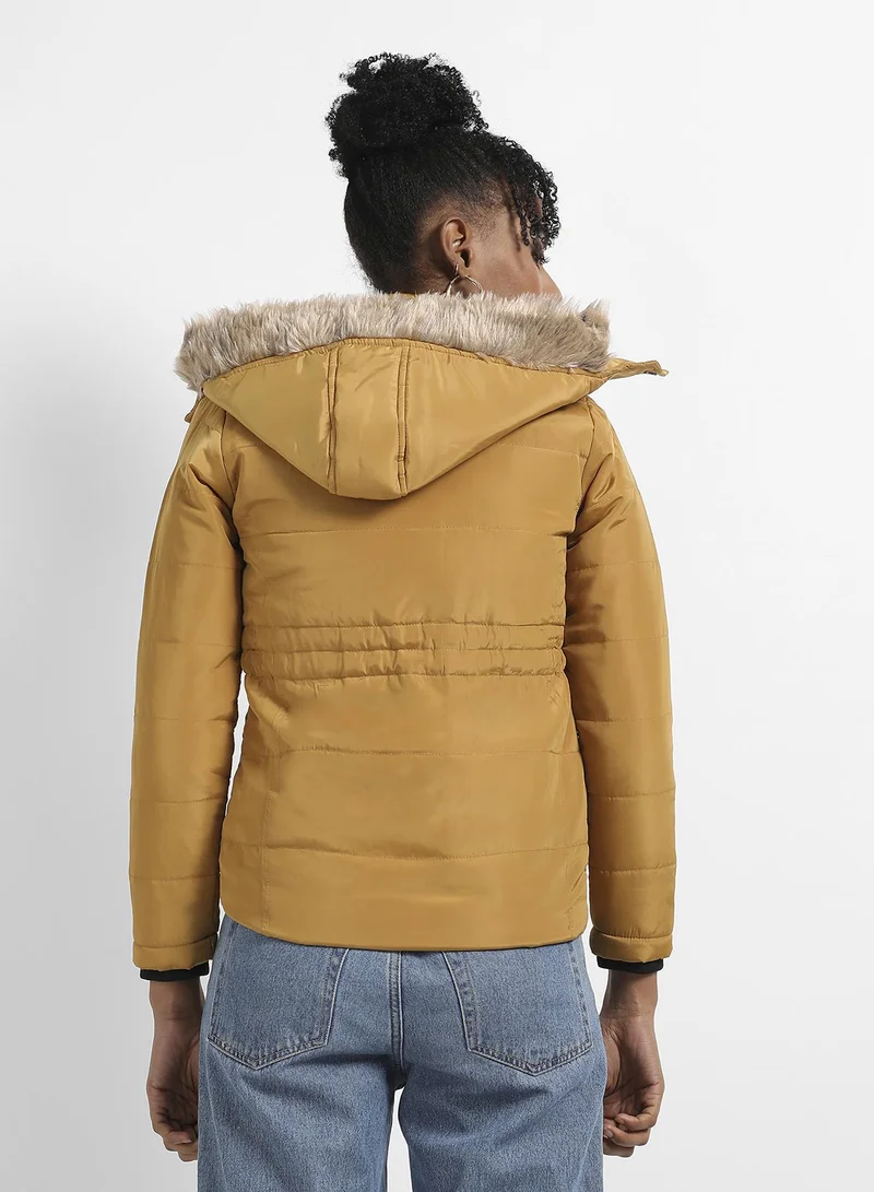 Campus Sutra Women's Yellow Quilted Puffer Jacket With Fur Details