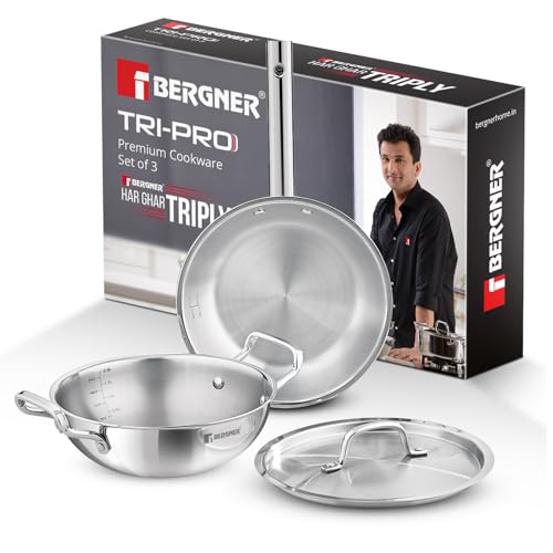 Bergner Tripro Triply Stainless Steel 3 Pc Cookware Set, 24 cm Indian Wok/Kadai with Lid, 22 cm Frypan Without Lid, Fast and Event Heating, Induction Bottom, Gas Ready, Silver - Image 1