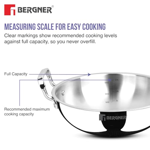 Bergner Tripro Triply Stainless Steel 3 Pc Cookware Set, 24 cm Indian Wok/Kadai with Lid, 22 cm Frypan Without Lid, Fast and Event Heating, Induction Bottom, Gas Ready, Silver - Image 4