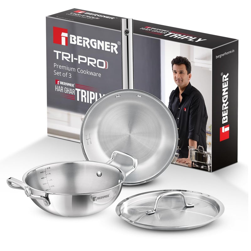Bergner Tripro Triply Stainless Steel 3 Pc Cookware Set, 24 cm Indian Wok/Kadai with Lid, 22 cm Frypan Without Lid, Fast and Event Heating, Induction Bottom, Gas Ready, Silver - Image 5