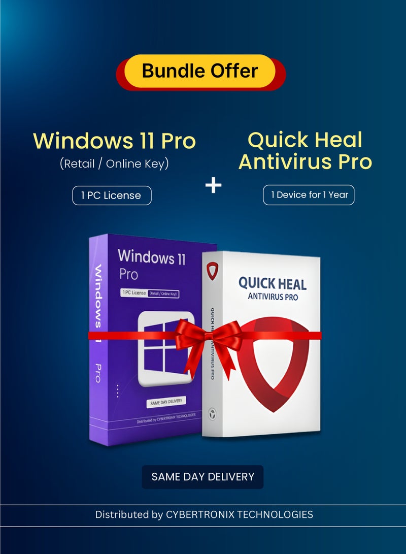 Windows Microsoft Windows 11 Pro (1 PC Retail Key) + Quick Heal Antivirus Pro (1 Device, 1 Year) Digital License | Same Day Delivery | Bundle Pack