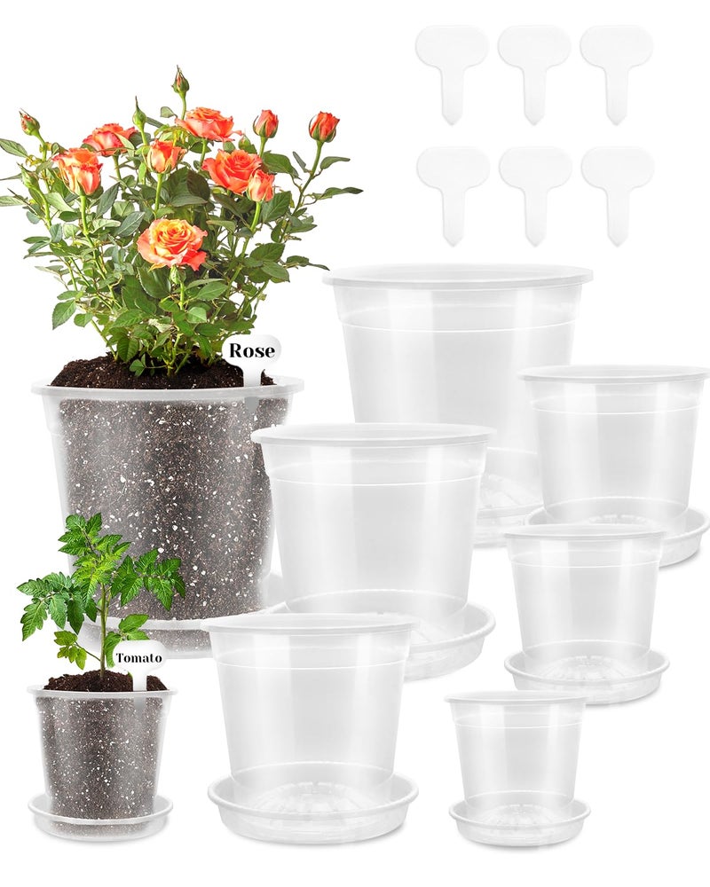 Biotolot 6 Pack Clear Nursery Pots with Drainage 9.5/8/7.5/6.7/5/4.5 Inch Nursery Pots with Saucers Transparent Seedling Pots Including Plant Labels Seed Starting for Indoor Outdoor Home Gardening - Image 1