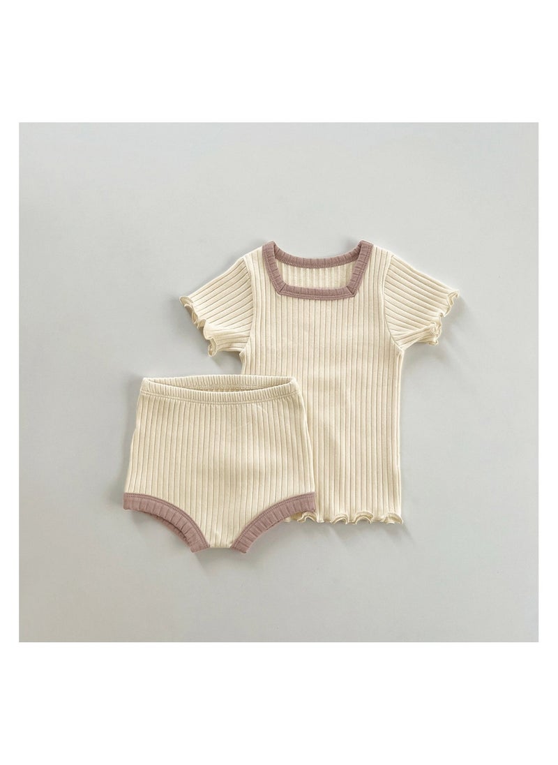 Baby Soft Breathable Cotton Short Sleeve T-shirt + Briefs Beige Two-piece Set - Image 1