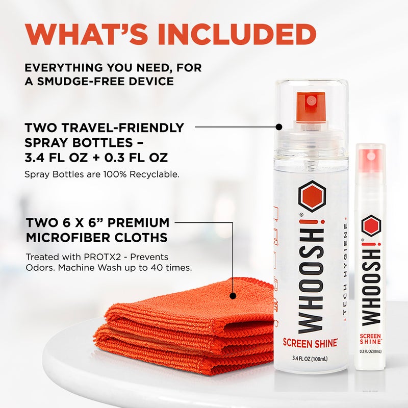 WHOOSH! Screen Shine Duo - Screen Cleaner Spray for iPad, Monitor, Laptop, MacBook - 3.4 oz & 0.3 oz Bottles with 2 Microfiber Cloths - Portable Electronic Cleaning Kit for Travel, Office, and Home - Image 3