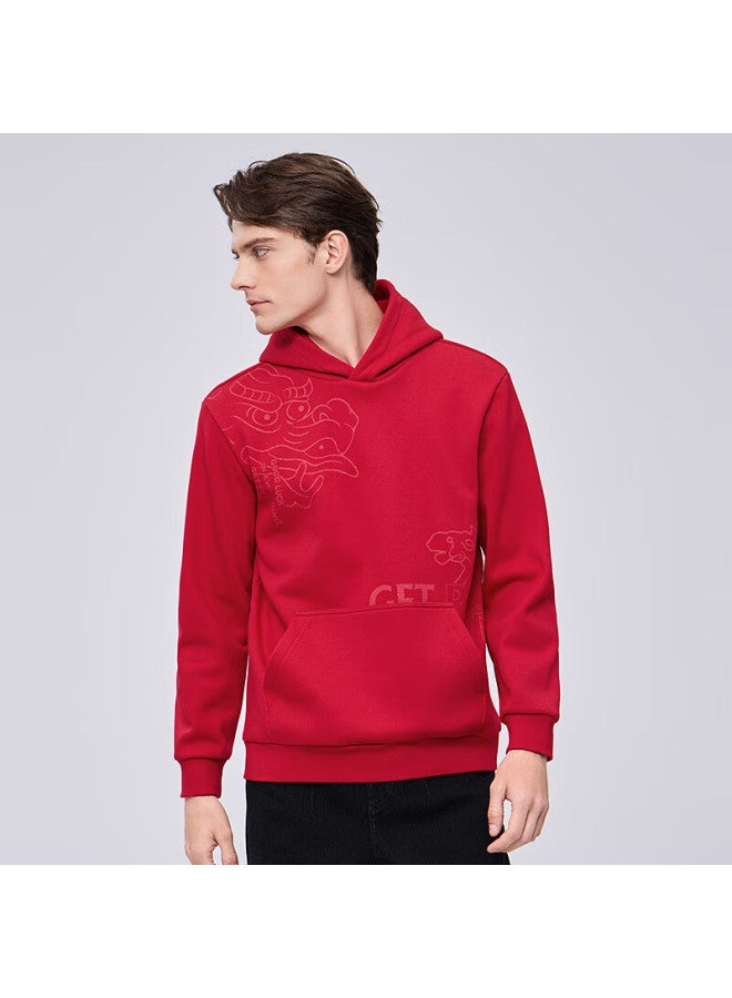 DANCING WOLVES Dance With Wolves Trendy Dragon And Horse Spirit Printed Hooded Sweatshirt Warm Antibacterial Pullover 402 Bright Red 2XL - Image 1