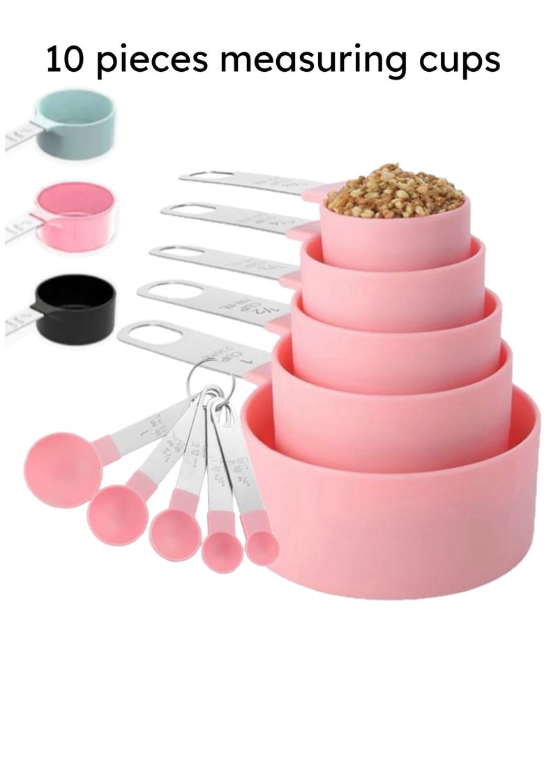 Generic FatFlags- 10 Pieces Measuring Cups and Spoons Set, Stackable Stainless-Steel Handle with engraved volumes and Ring Connector. Perfect for both dry and liquid ingredients.(Pink)  - Image 1