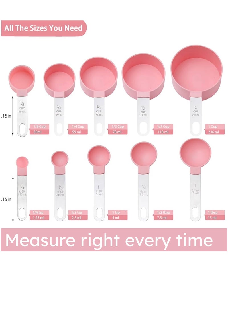 Generic FatFlags- 10 Pieces Measuring Cups and Spoons Set, Stackable Stainless-Steel Handle with engraved volumes and Ring Connector. Perfect for both dry and liquid ingredients.(Pink)  - Image 2