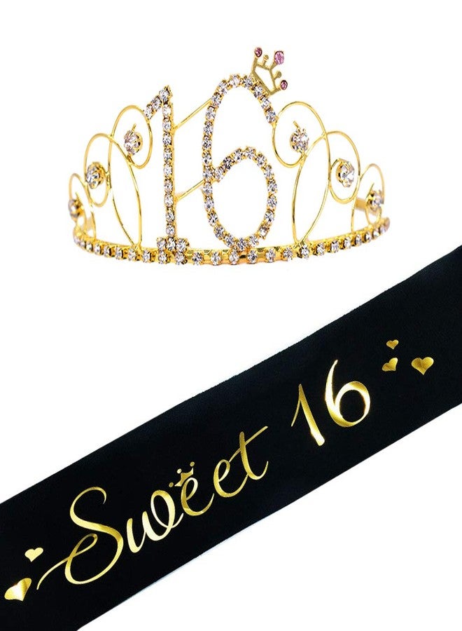 Mayin Gold Tiara and Sash, Black Glitter Satin Sash and Crystal Rhinestone Crown for 16th Birthday Party Supplies and Decorations - Image 1