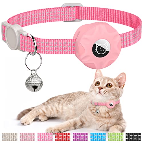 Hoeraonr Apple AirTag Cat Collar, GPS Tracker Kitten Collar with Reflective Breakaway Holder and Bell, Lightweight for Cats & Kittens (Pink) - Image 1