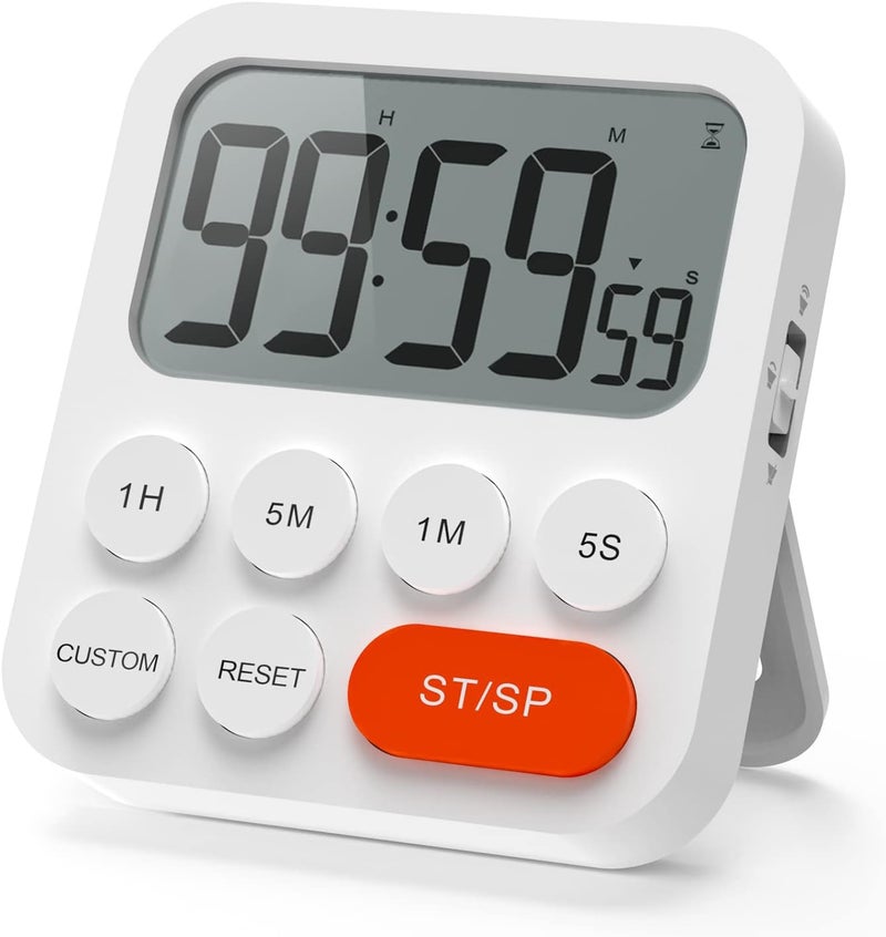 LIORQUE Kitchen Timer, Kitchen Timer, Digital Timer Stopwatch and Countdown Timer with Custom Mode, 3 Volume Levels for Examination, Meeting, Noise-Free - 2 AAA Batteries - White - Image 1