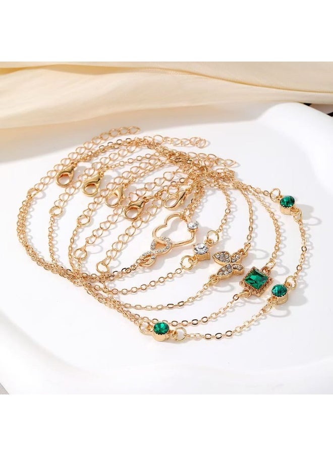 ماركة غير محددة مجموعة الأساور المتكسرة قطعية أساور الفراشة أساور حجر الراين الأخضر للنساء، أساور السلاسل ذات الطبقات المتينة قابلة للضبط مجموعة أساور وصلة البنجل الظريفة (السلسلة الخضراء)  - Image 4