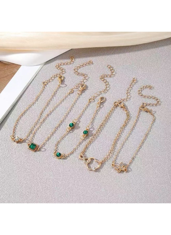ماركة غير محددة مجموعة الأساور المتكسرة قطعية أساور الفراشة أساور حجر الراين الأخضر للنساء، أساور السلاسل ذات الطبقات المتينة قابلة للضبط مجموعة أساور وصلة البنجل الظريفة (السلسلة الخضراء)  - Image 5