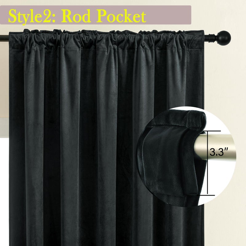 Timeper Black Velvet Curtains 108 Inches Long  Thermal Insulated Blackout Velvet Curtains  Back Tab Design Thick Luxury Curtains For Dining  Living Room  W52 X L108  2 Panels - Image 3