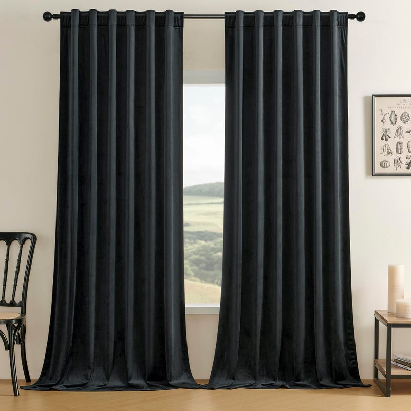 Timeper Black Velvet Curtains 108 Inches Long  Thermal Insulated Blackout Velvet Curtains  Back Tab Design Thick Luxury Curtains For Dining  Living Room  W52 X L108  2 Panels - Image 1