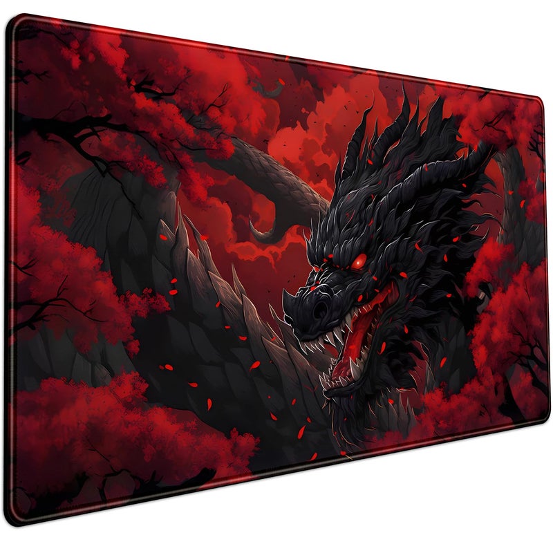 Mechanical Cattle Huge Dragon Large Mouse Pad - Red and Black Mousepad, Big Full Keyboard and Mouse Pad with Stitched Edges, Anti-Slip, Funny Desk Pad, 31.5 X 15.8 in. - Image 1