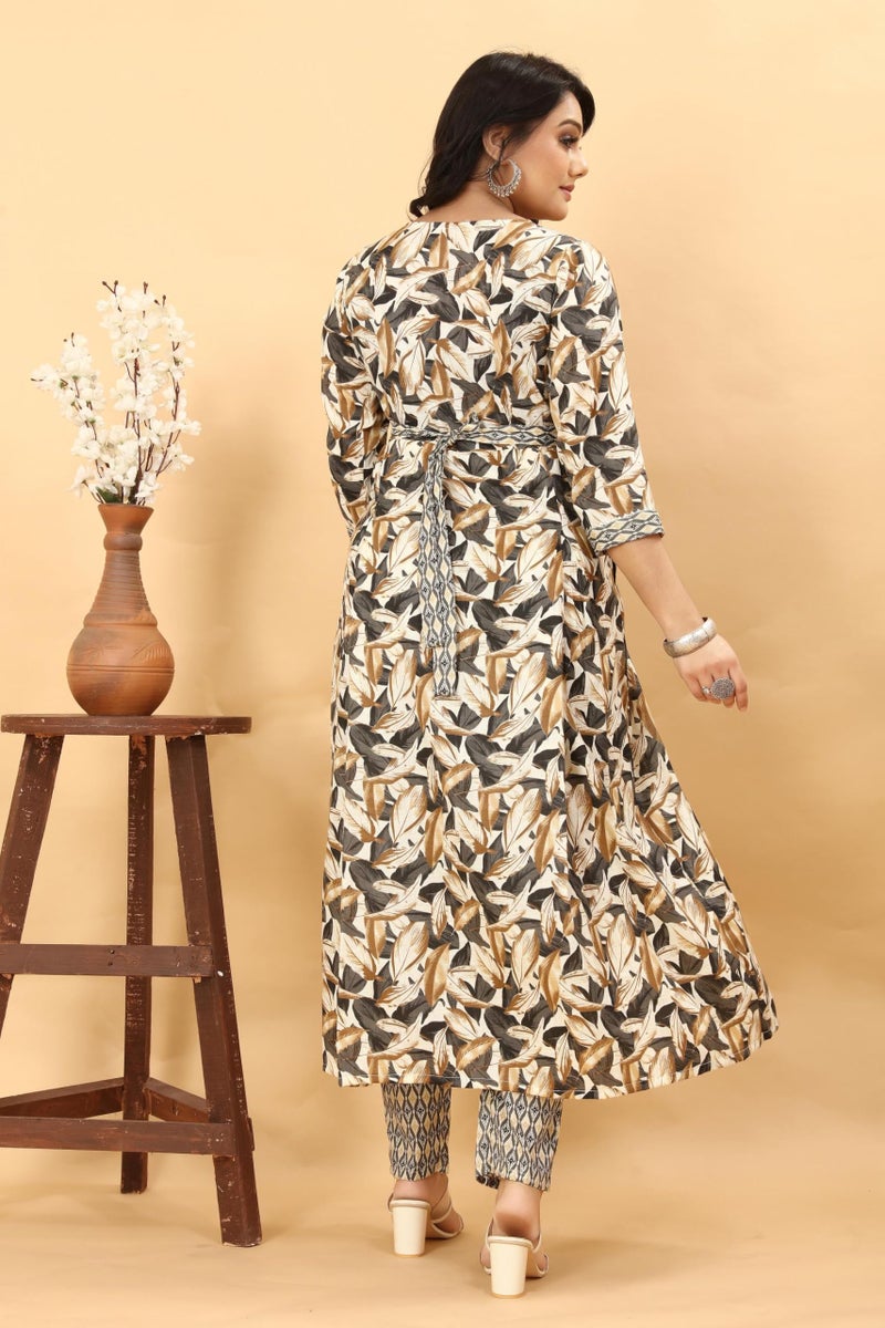 SKY FAB Women Viscose Rayon Anarkali Maternity and Nursing Kurta Set with Dupatta - Beige, Black, and Grey Floral and Geometric Pattern, 3/4 Sleeves, Comfortable Fit - Image 2