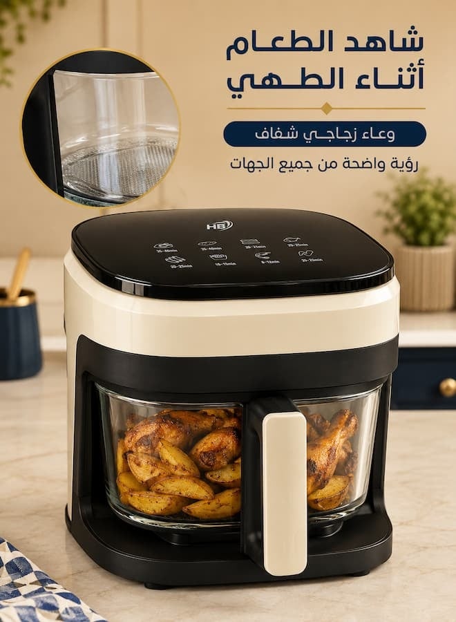 HB Air Fryer with Transparent Glass Bowl, 6L Large Capacity, 2400W Hot Air Cooking, Removable Bowl & Printed Cooking Time Guide for Fries, Chicken, Fish, Shrimp and Baking – Cream/Black - Image 2