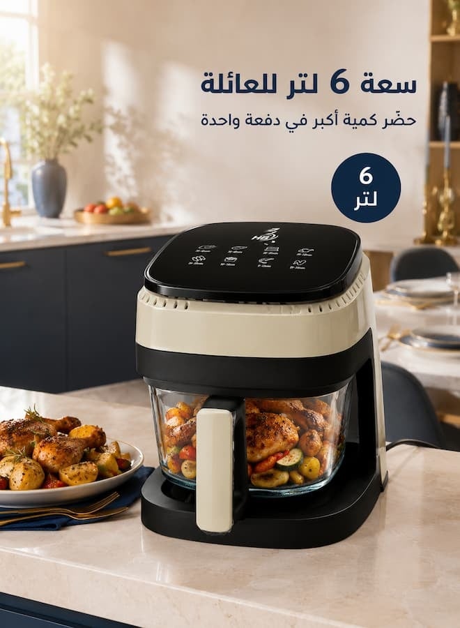 HB Air Fryer with Transparent Glass Bowl, 6L Large Capacity, 2400W Hot Air Cooking, Removable Bowl & Printed Cooking Time Guide for Fries, Chicken, Fish, Shrimp and Baking – Cream/Black - Image 3