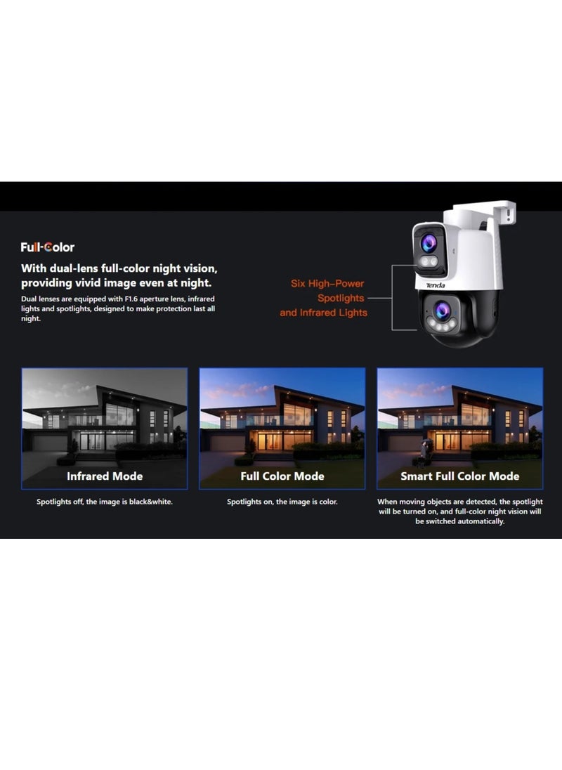 Tenda - TENDA CH9 6 MP Dual-Lens Linkage 360° Security Camera Outdoor with 30m Color Night Vision, PTZ CCTV WiFi 6 Camera with 2-way Audio, AI Human Detection& Alarm, APP Control, IP66 Weatherproof, Works with Alexa - Image 1