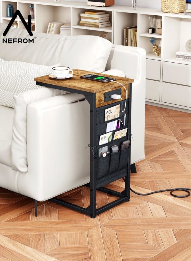 NEFROM C-Shaped End Table with Charging Station, Small Couch Side Table with Storage Bag, Sofa Table for Living Room, Bedroom, Bedside ET-BR-1 - Image 5