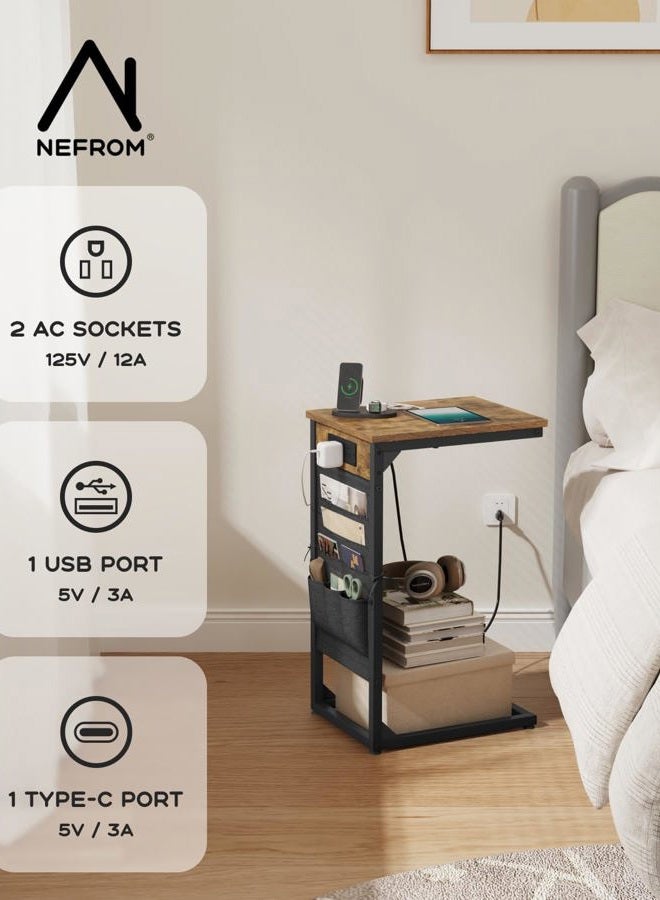 NEFROM C-Shaped End Table with Charging Station, Small Couch Side Table with Storage Bag, Sofa Table for Living Room, Bedroom, Bedside ET-BR-1 - Image 4