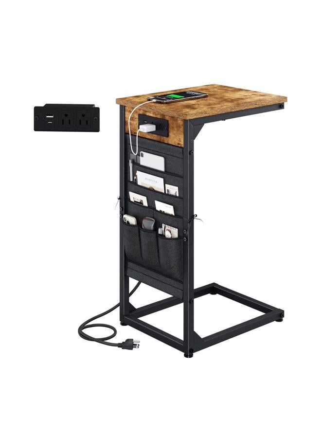 NEFROM C-Shaped End Table with Charging Station, Small Couch Side Table with Storage Bag, Sofa Table for Living Room, Bedroom, Bedside ET-BR-1 - Image 1