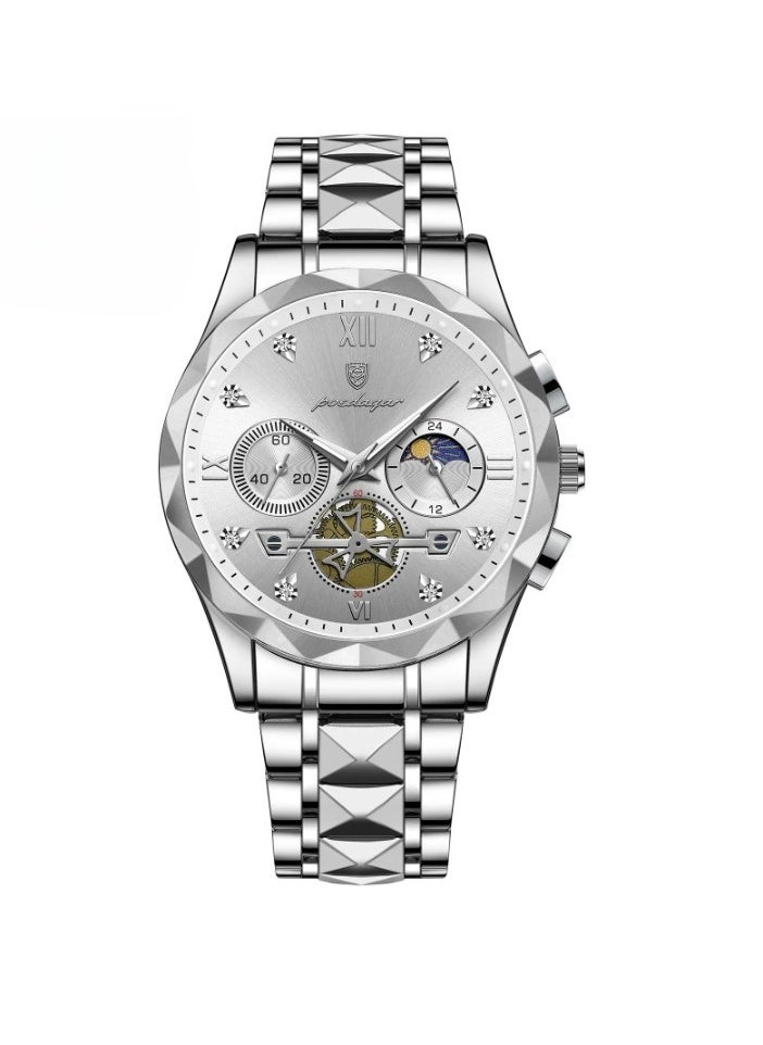 POEDAGAR Luxury Men Wristwatch, Classic And Fashionable Quartz Watch, Waterproof Luminous Chronograph Watch, Business Style Stainless Steel Wrist Watch For Men, (Silver White)  - Image 1