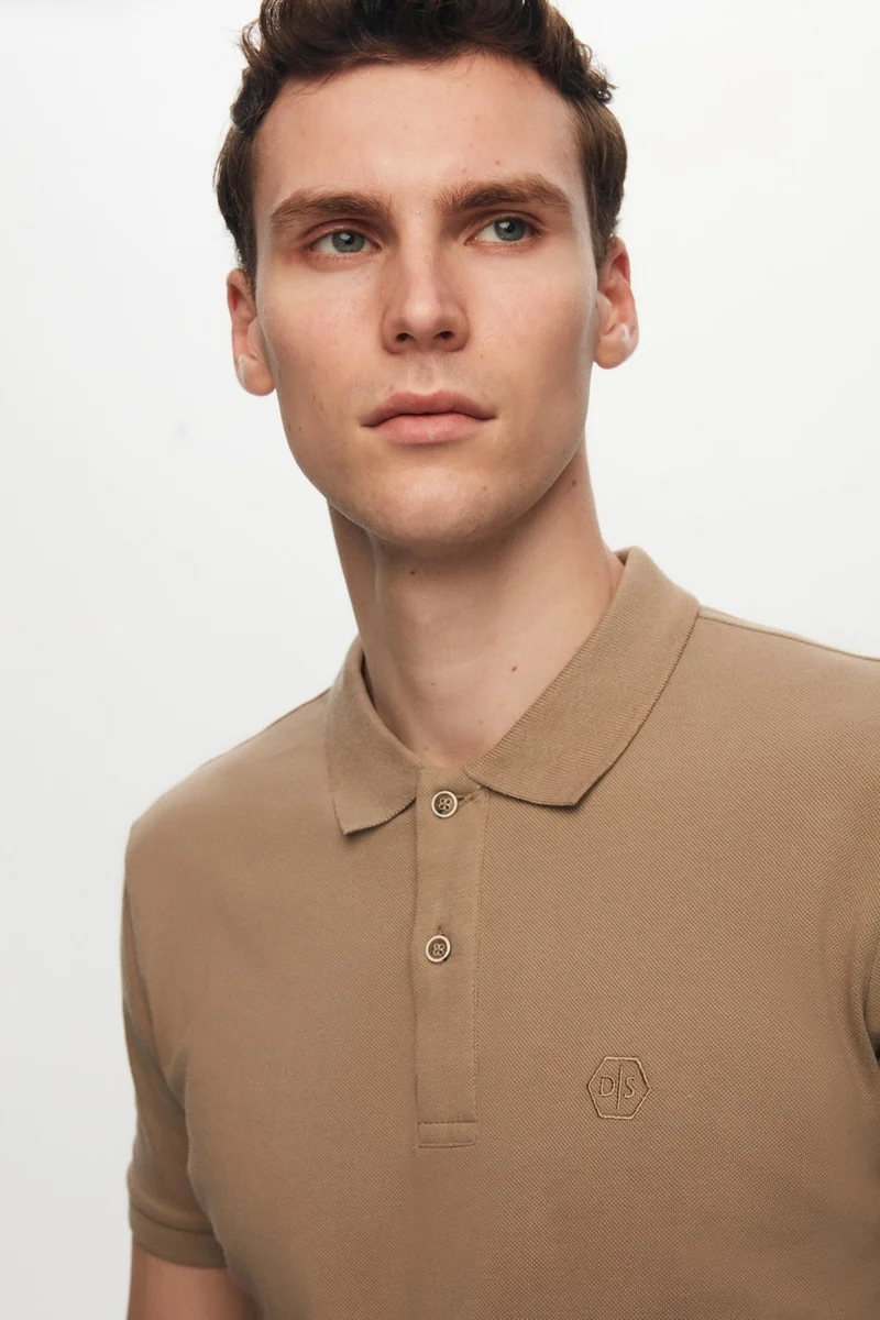 D'S DAMAT Regular Fit Mink Pique Textured 100% Cotton Non-Curl Polo Collar Embroidered T-Shirt 4HC14ORT51000