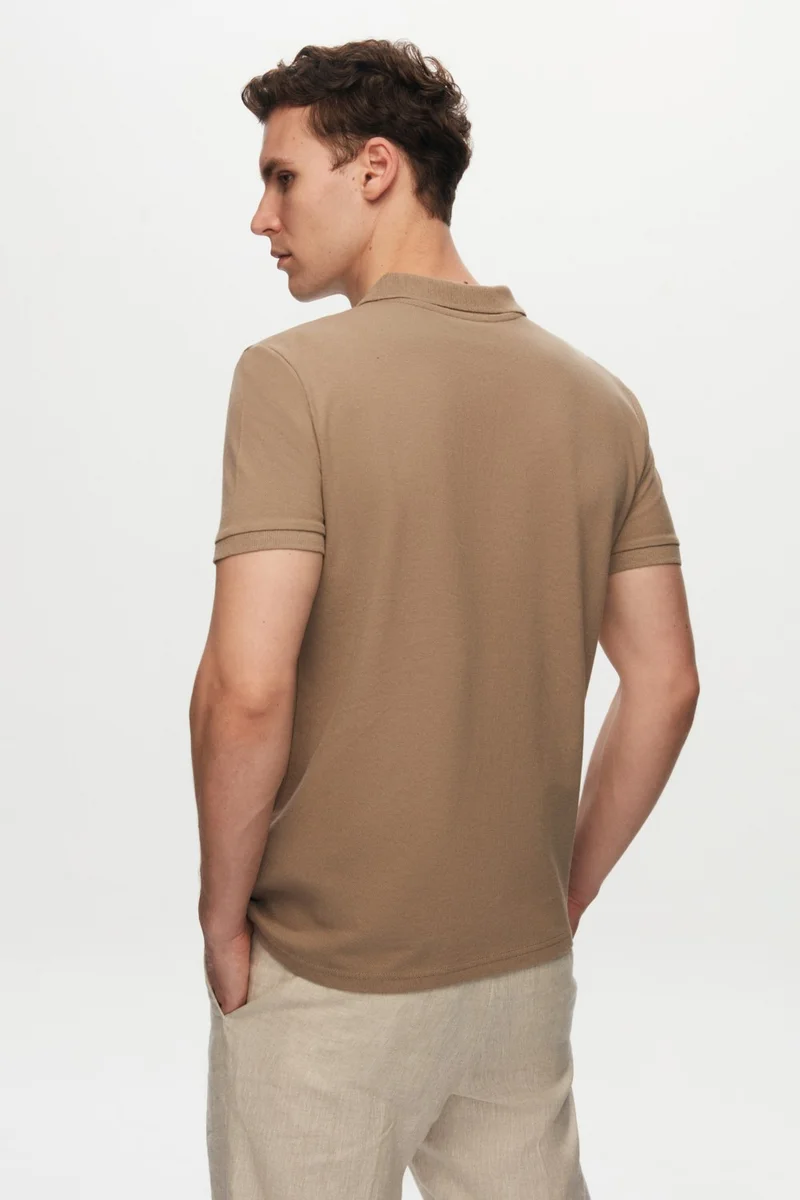 D'S DAMAT Regular Fit Mink Pique Textured 100% Cotton Non-Curl Polo Collar Embroidered T-Shirt 4HC14ORT51000